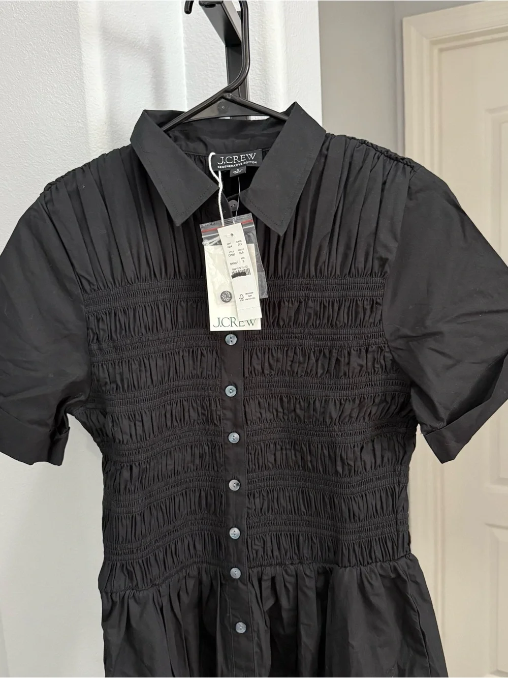 NWT $168 J. Crew Elsie Shirt Dress Cotton Poplin Black Size Small Midi Smocked